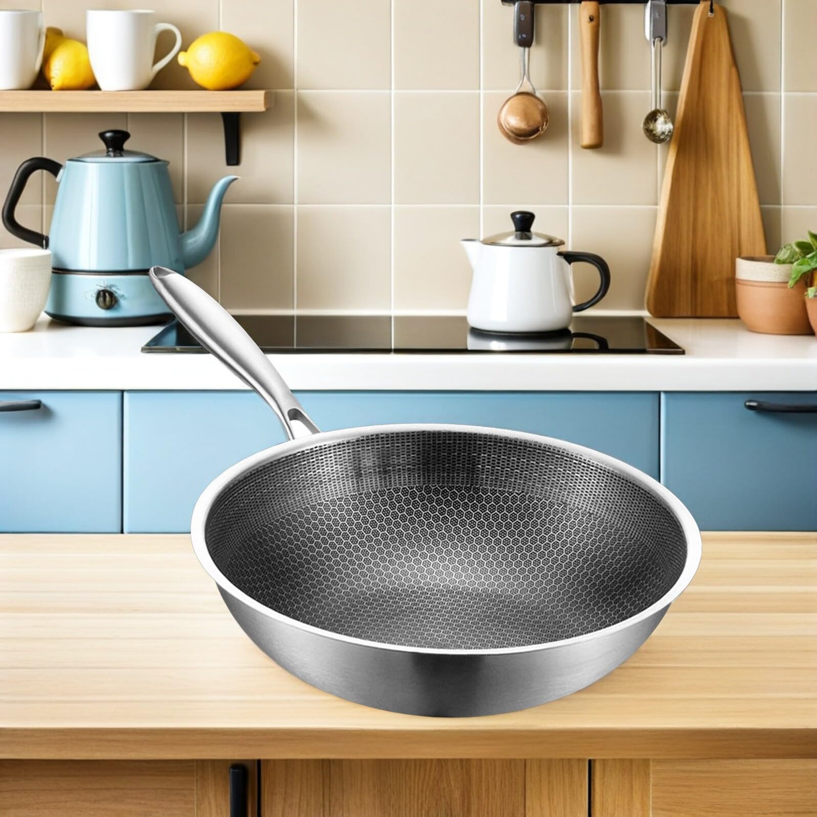 Padella Wok in Acciaio 32 Cm Antigraffio Antiaderente Manico Ergonomico Per Cucina a Gas, Forni Elettrici e Ceramica, Padella Profonda Per Friggere Verdure e Frutti Di Mare