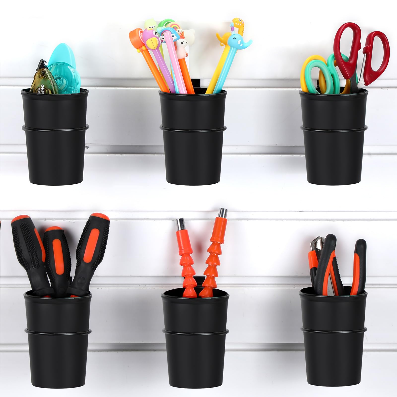 FoldTier 6 Sets Slatwall Cups with Loops Set, Slatwall Accessories Slatwall Hook Tools Storage Arrange System Kit for Organizing Accessories Tools Storage Office Workshop Garage Workbench (Black)