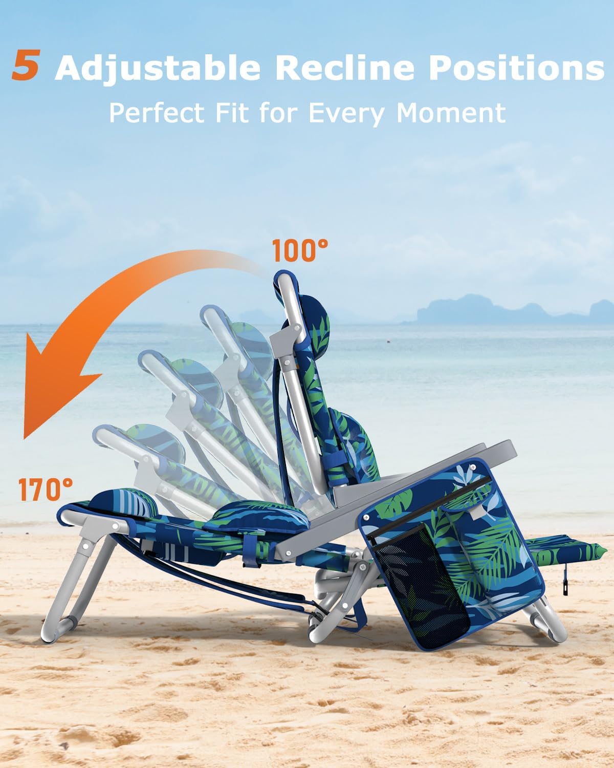 ZENPETIO Beach Chair, Camping Chair for Adults, Reclining Backpack Chair for Pool, Beach, Camping, Outdoors - Image 3