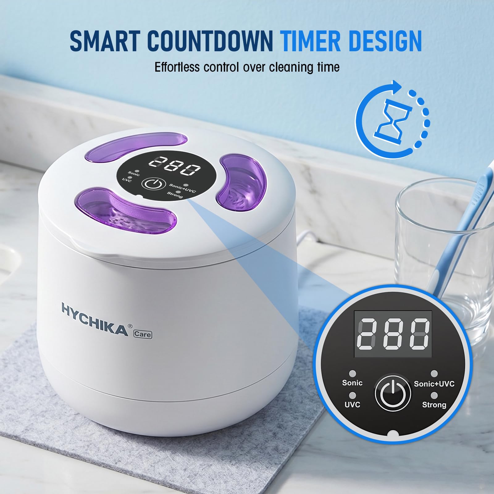 Nettoyeur Ultrasons avec Stérilisation par UV,Haute Fréquence 45kHz Ultrasonic Cleaner,4 Modes,Affichage numérique HD,200 ml,pour Dentaires, Appareils de Contention, Gouttières de Nuit etc.,Blanc