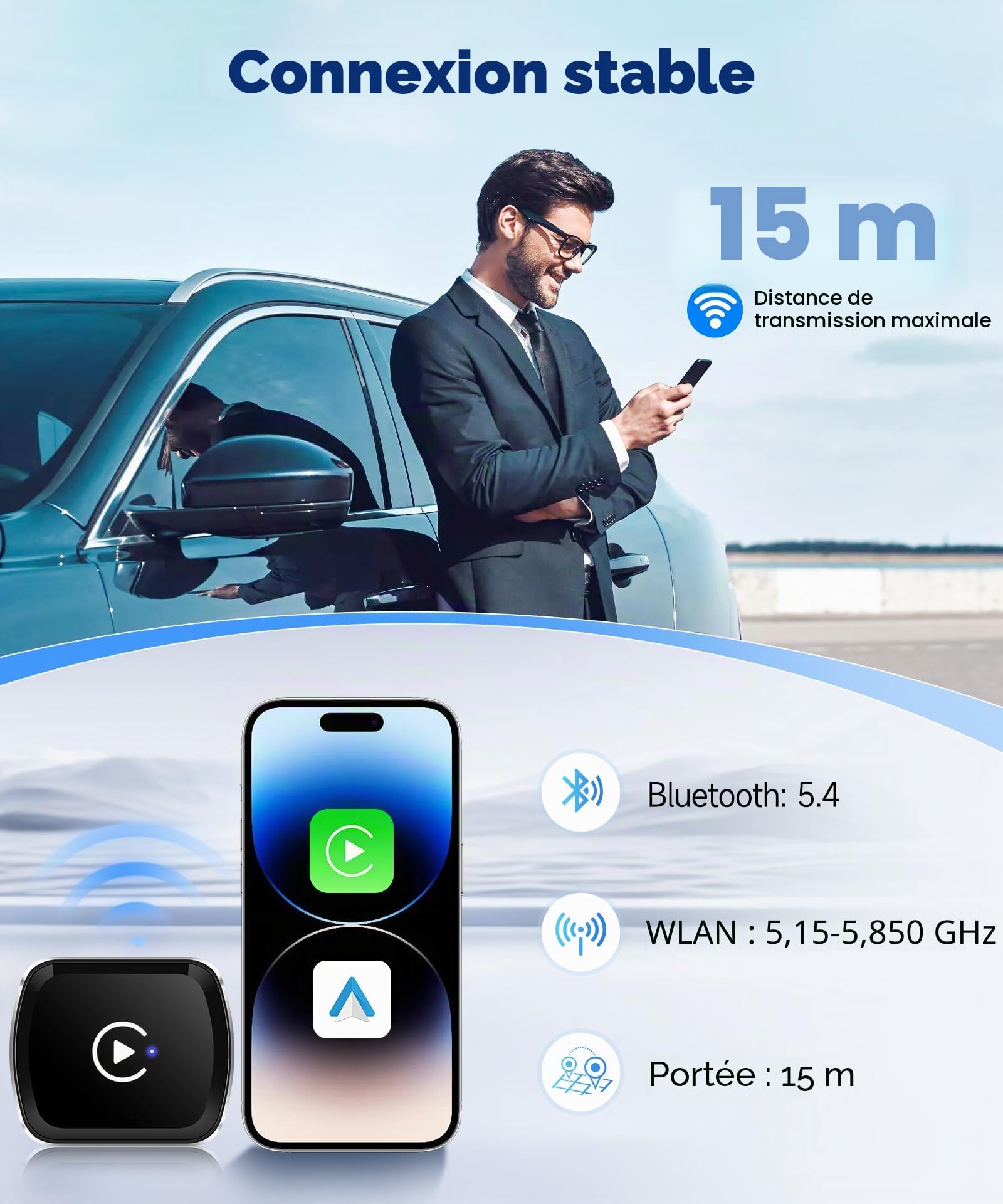 2 en 1 Sans fil Carplay Adapter & sans fil Android Auto Adapter, Convertir Wired Android Auto/Car Play en Wireless pour Les Voitures avec Wired CarPlay, Car Play Adaptateur USB/Type-C Plug & Play