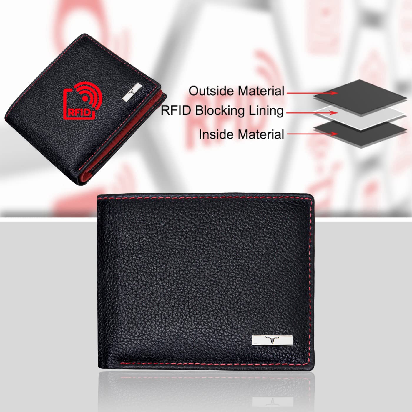 URBAN FOREST Kyle RFID Blocking Black/Red Leather Wallet for Men. - Image 7 thumbnail