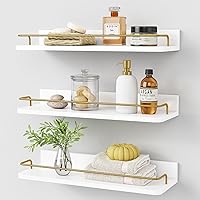 Forbena White & Gold Floating Shelves Set of 3 with Guard Rail - Modern Bathroom Over Toilet Storage, Bedroom Living Room Wall Organizers