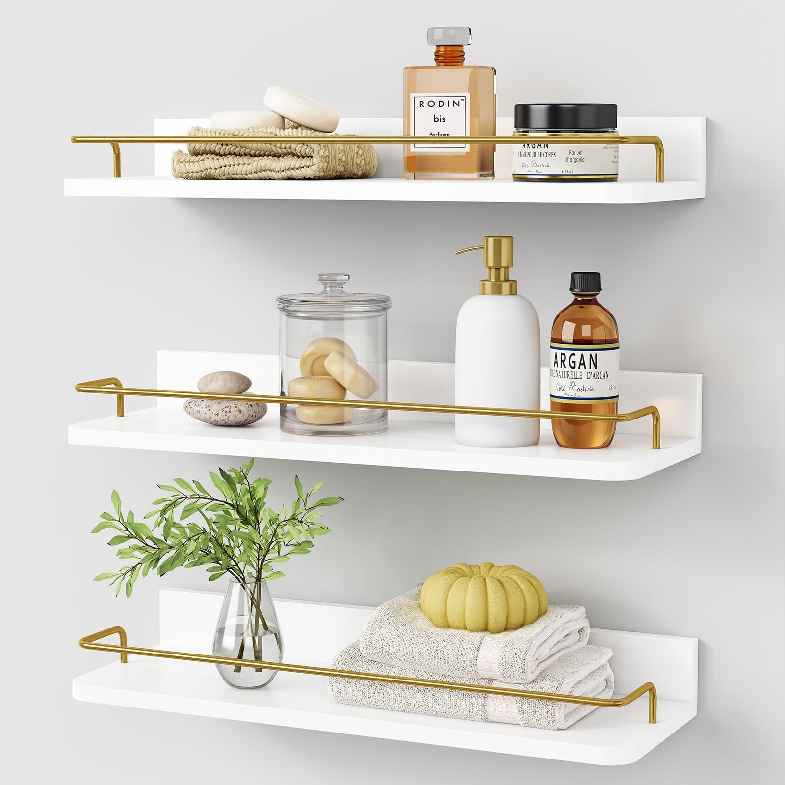 Forbena Gold Floating Shelves for Bathroom Wall Set of 3, White Bathroom Shelves Over Toilet for Wall Decor, Modern Wall Mounted Display Shelves with Rail for Bedroom Organizers and Storage