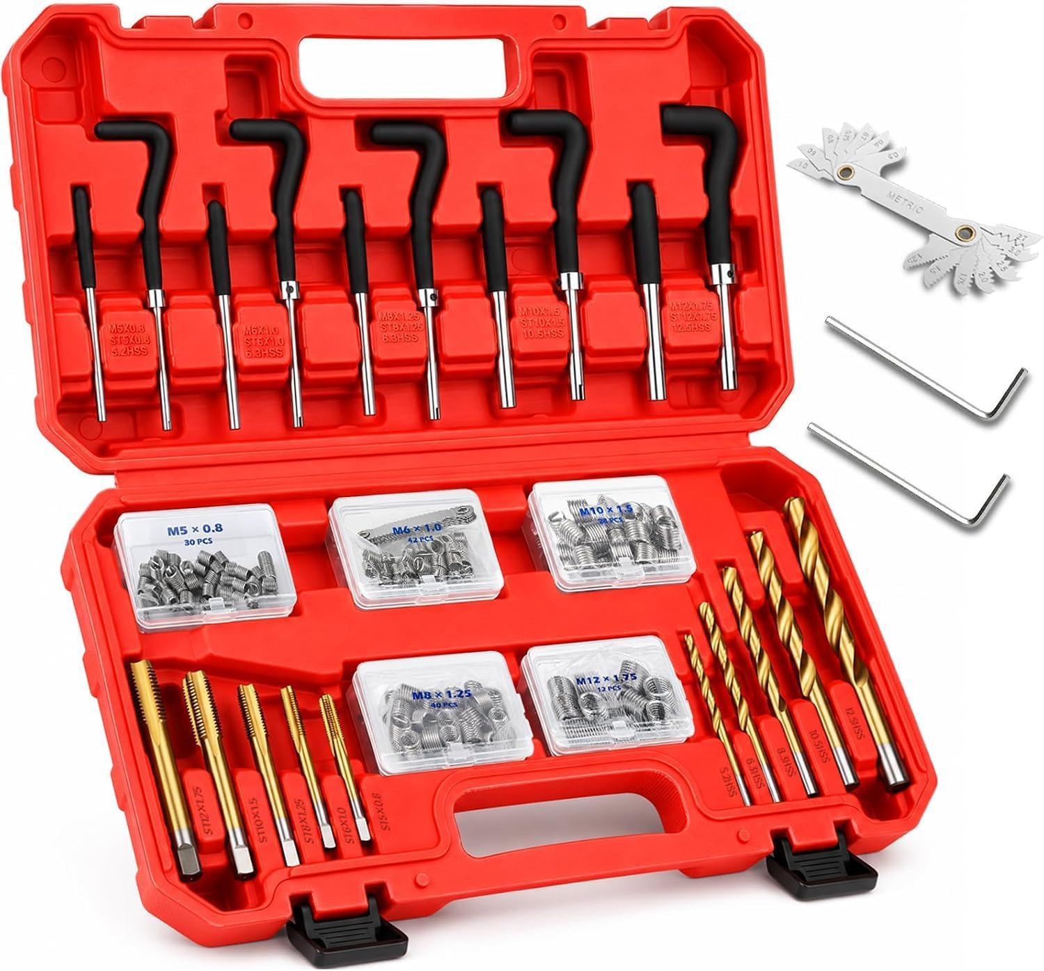 Metric Helicoil Thread Repair Kit: 131-Piece Heli Coil HSS Drills Inserts Taps & Tools M5 M6 M8 M10 M12 Automotive Engine Spark Plug Cylinder Insertion Rethreading Tools Universal Rethread Restorer