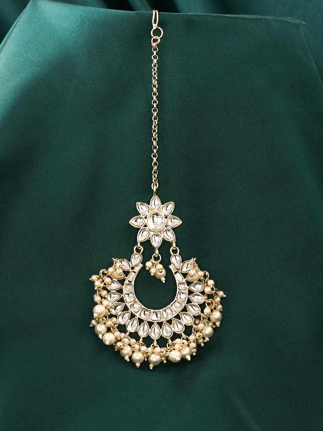 Kundan Studded Beads Drop Chandbali Maang Tikka