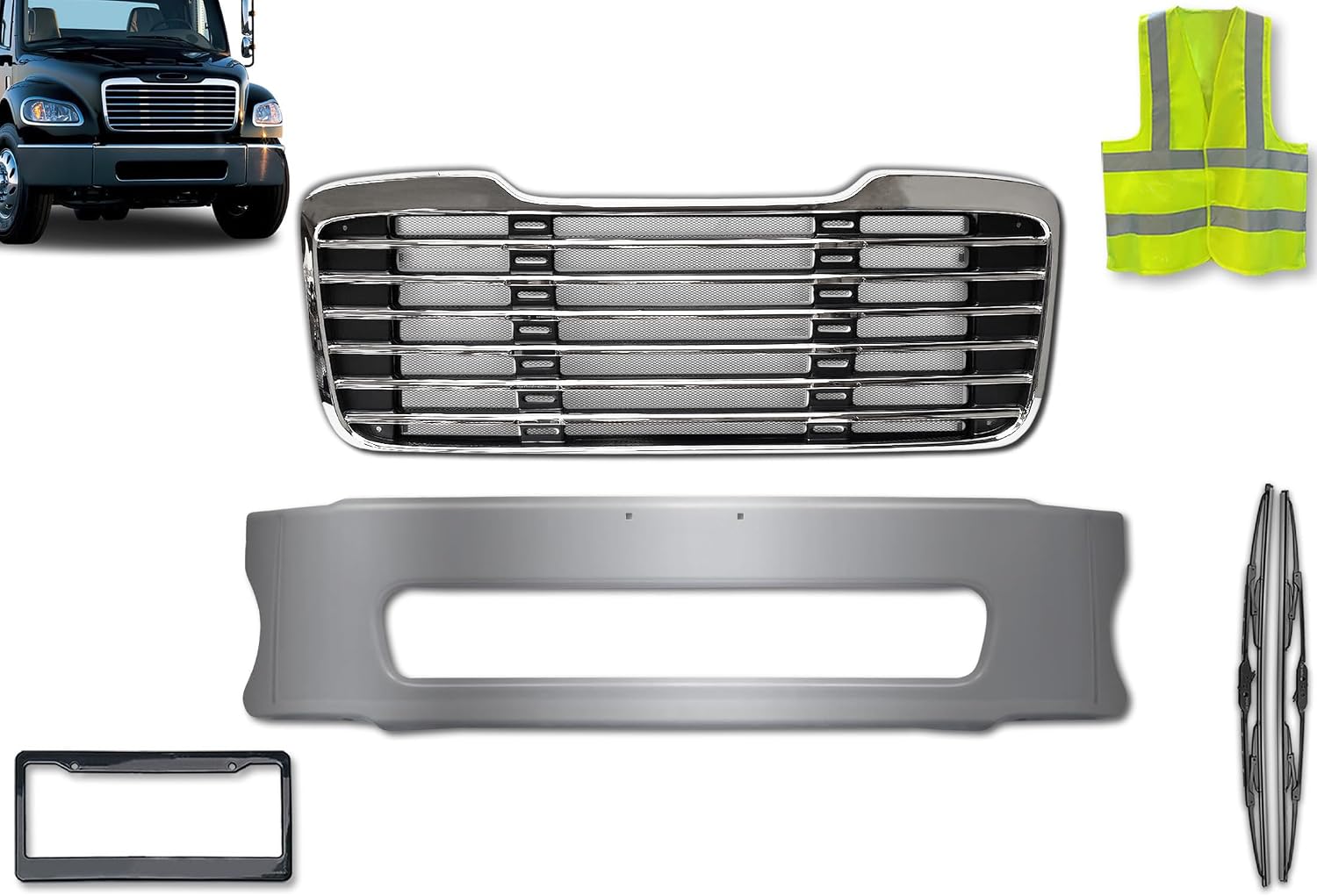 KOZAK Chrome Steel Front Center Bumper and Chrome Front Grille Compatible with Freightliner M2 Business Class 106 112 2003-2022 A1714787001 + Logo, Wipers, Plate Holder, Vest