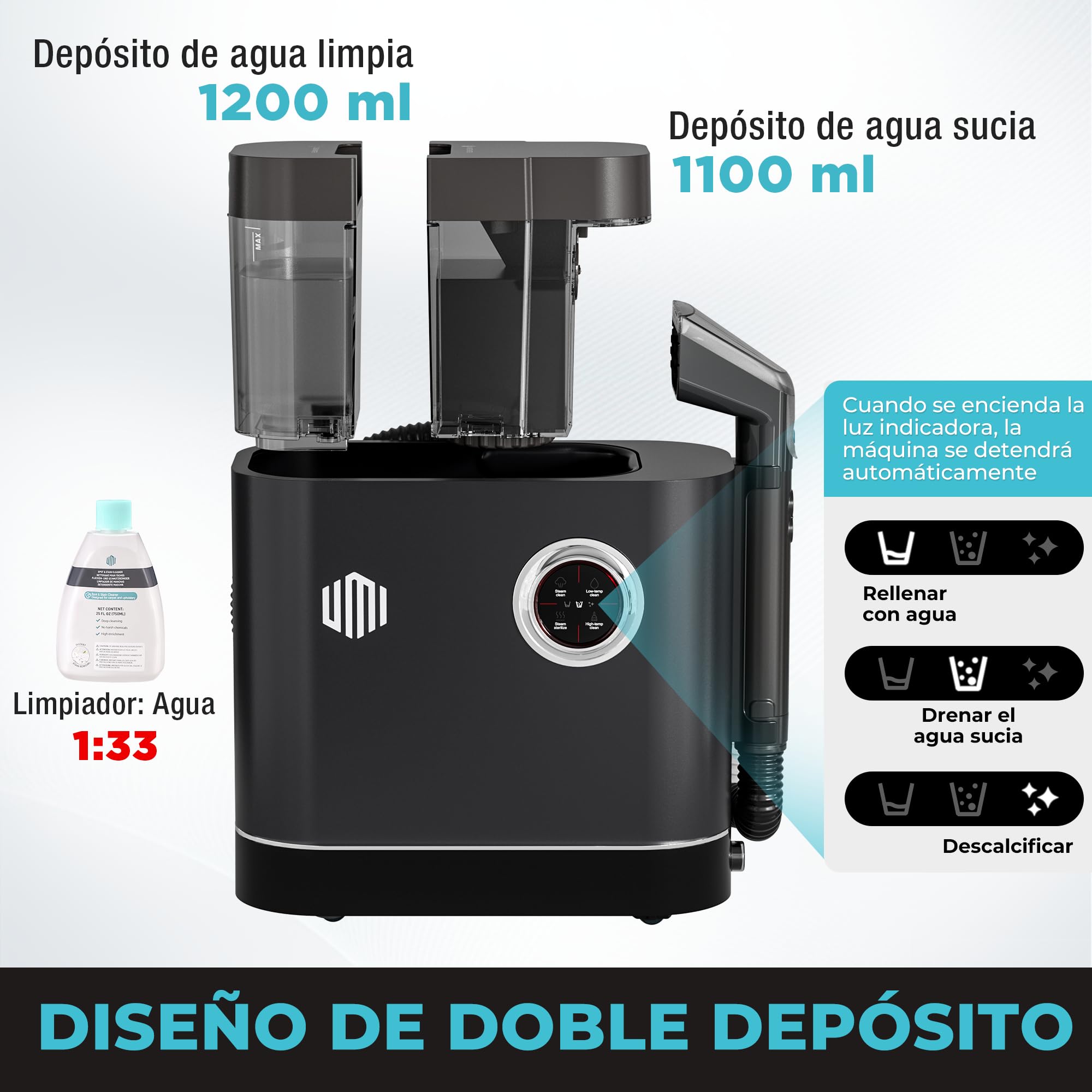 UMI Limpiador a Vapor y Aspiradora de Tapicerías, Limpieza Profunda | con 4 Modos, Calefacción 1200W, con Detergente y Cepillos, Para Sofás Colchones Alfombras, Depósitos 1,2L y 1,1L