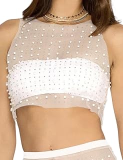 Meladyan Women Sexy Sheer Mesh Diamond Rhinestone Crop Tank See Through Hollow Out Sleeveless Crewneck Cropped Going Out Top