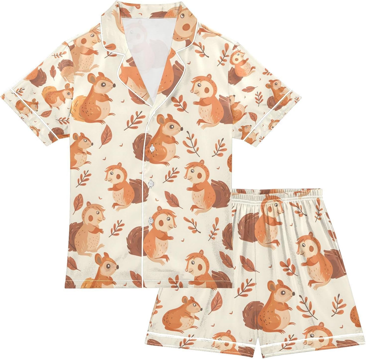 senya Cute Squirrel Fall Leaves Satin Summer Pajama Sets Silk Short Sleeve Button Down Sleepwear