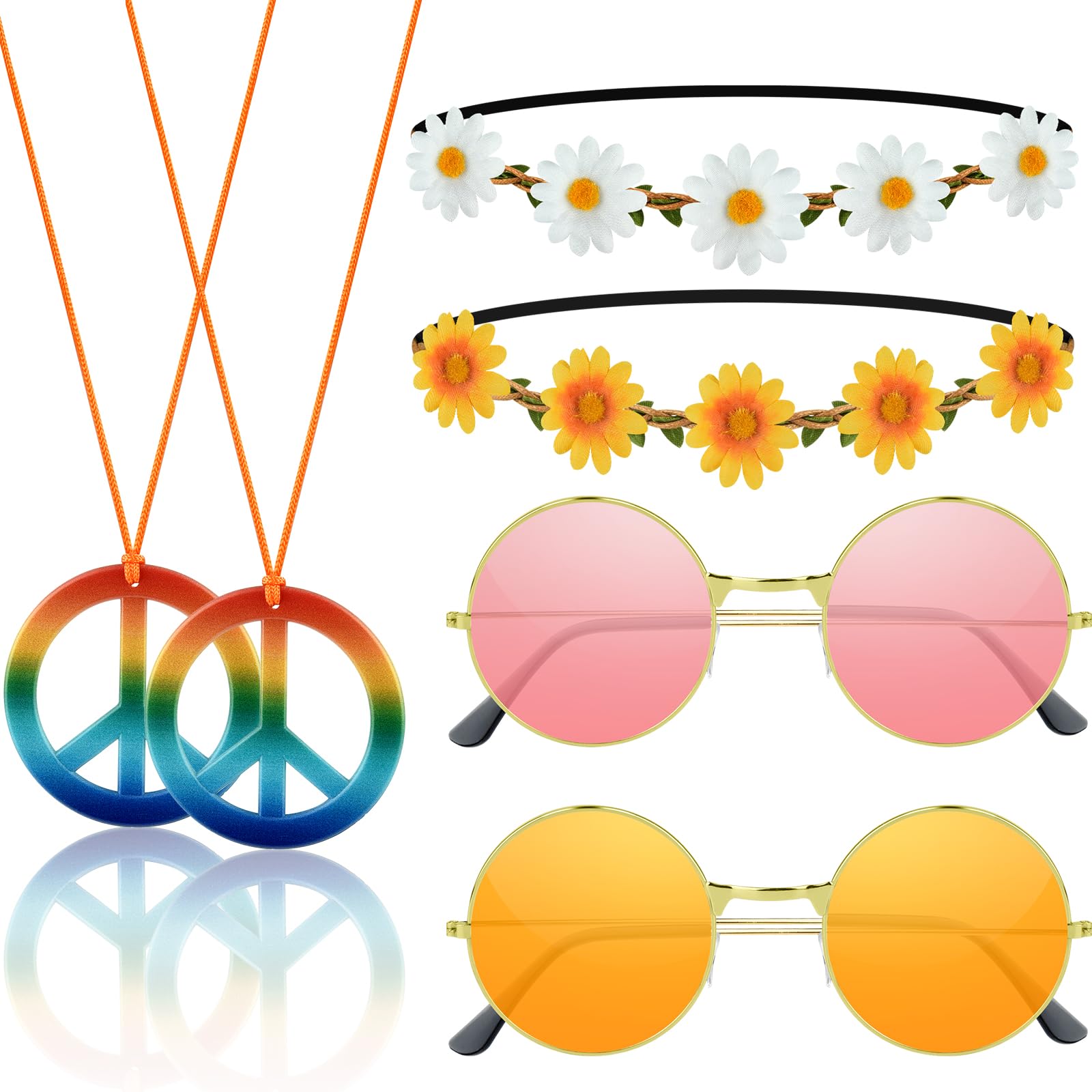 NEBURORA 6Pcs Hippie Costume Accessories Set 60s 70s Daisy Headband Peace Sign Necklaces Hippie Sunglasses Costume Supplies for Carnival Party