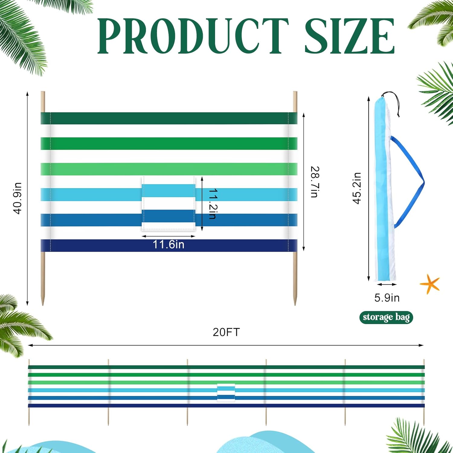 20ft Stripe Beach Windscreen Set Long Privacy Screen with 6 Hardwood Poles Rubber Mallet and Carry Bag Portable Beach Fence Wind Blocker for Summer Outdoor Sand Wind Protection Stripe 20ft