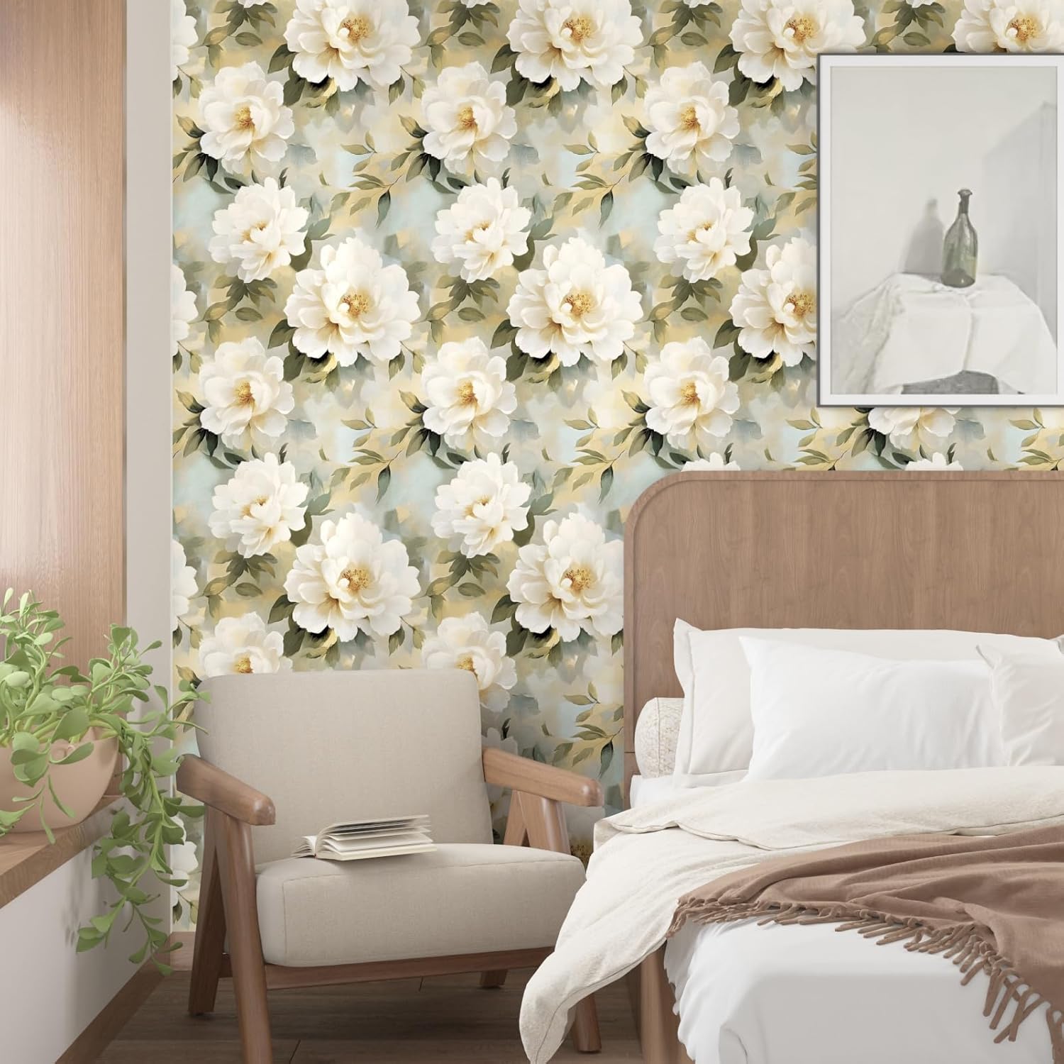 White Floral Wallpaper Peel and Stick,Oil Painting Beige Peony Contact Paper 17.5" x 393",Modern Watercolor Flower Wall Paper Self Adhesive Waterproof Removable for Girl Bedroom Shelve Cabinet Drawer