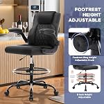 Leather Drafting Chair,Tall Office Chair for Standing Desk,Black | Inflatable Lumbar Support,27.5"-35.5"Adjustable Height,Foot Ring,Flip-up Armrests,High Executive Chair Counter Studio Chair