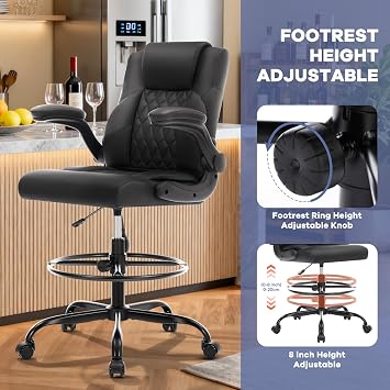 Leather Drafting Chair,Tall Office Chair for Standing Desk,Black | Inflatable Lumbar Support,27.5-35.5Adjustable Height,Foot Ring,Flip-up Armrests,High Executive Chair Counter Studio Chair