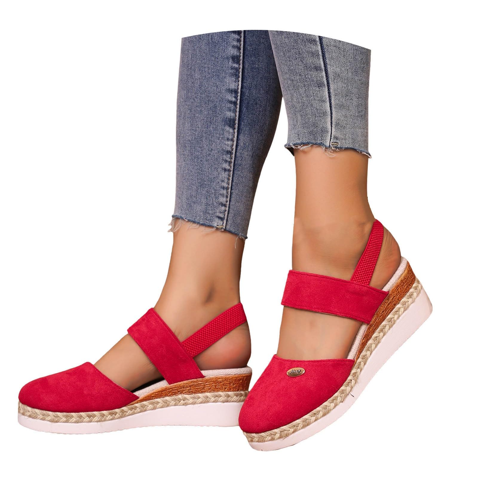 Wedges Sandals for Women Dressy Summer 2026, Elastic Ankle Strap Closed Toe Espadrille Wedge Sandal Dress Faux Suede Platform Wedged Sandals Casual Shoes for Beach Travel Working 9.5 Red