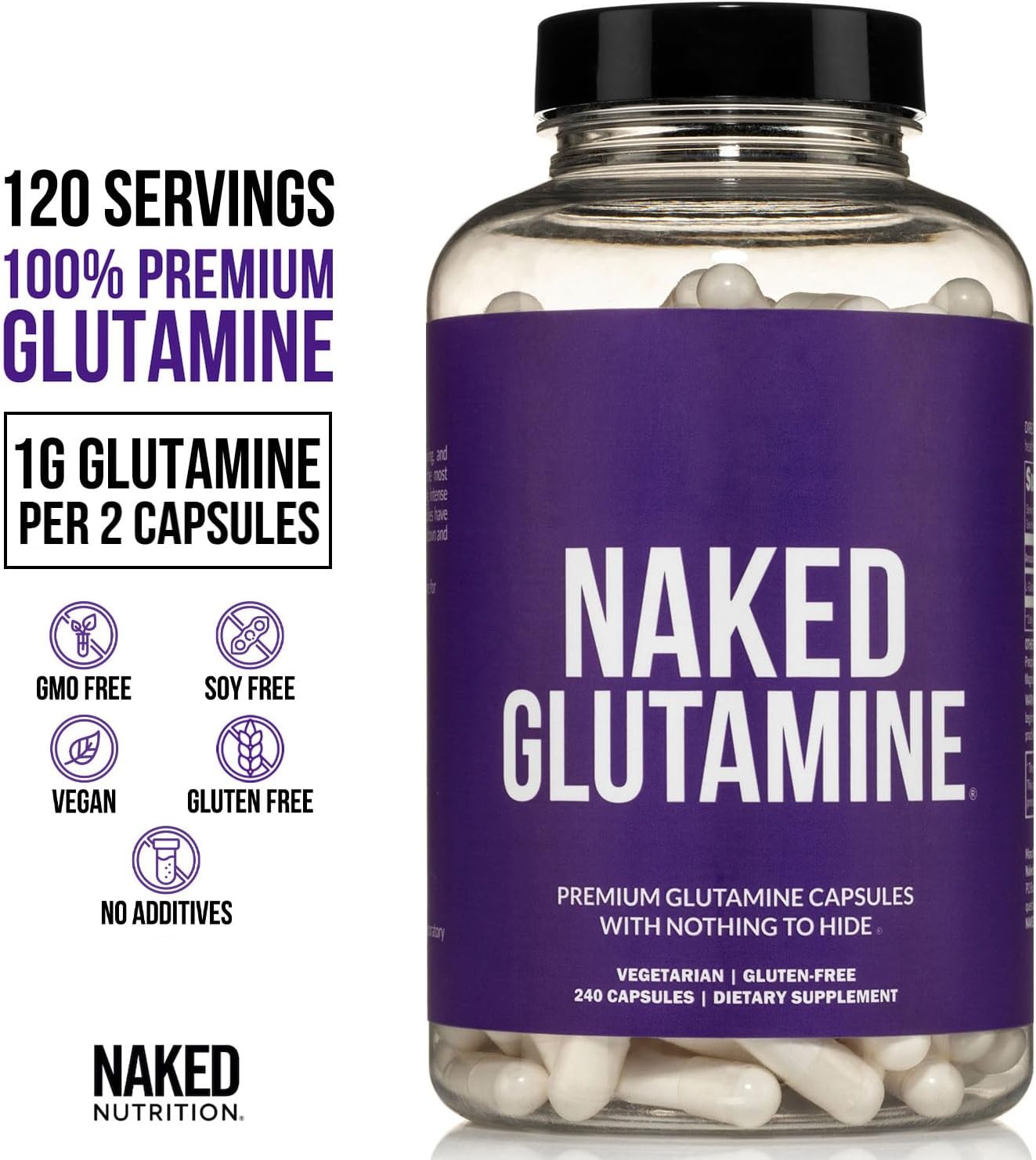 NAKED Pure Micronized Creatine Monohydrate 100 Servings + Pure L-Glutamine 240 Capsules Bundle: Vegan, Non-GMO, Gluten Free. Minimize Muscle Breakdown & Improve Protein Synthesis. Nothing Artificial