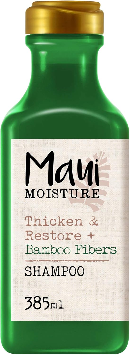 Maui Moisture Thicken & Restore + Bamboo Fibers Shampoo (385 ml), champú sin sulfatos ni parabenos fortalecedor y reparador con fibras de bambú para cabello dañado y quebradizo