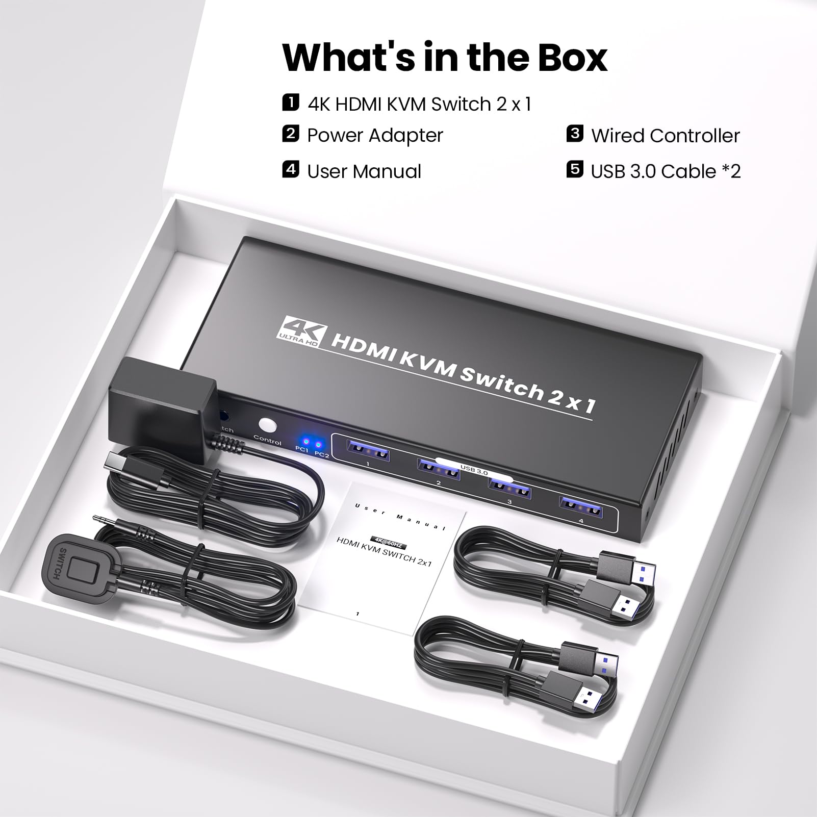 Przełącznik HDMI KVM 2 PC 1 monitor, USB 3.0 4K60Hz 2 porty KVM Switch, 2 komputery PC dzielą się 1 monitor i 1 zestaw myszy klawiaturowej, 4 porty USB 3.0 do urządzeń peryferyjnych