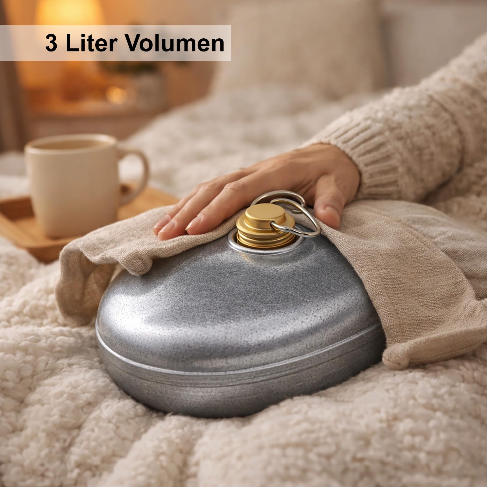 BURI Borsa dell'acqua calda da 3 litri in zinco – robusta borsa dell'acqua calda in metallo argento, prodotta in Germania, durevole e sicura, facile da riempire, ideale per trattamento termico, relax