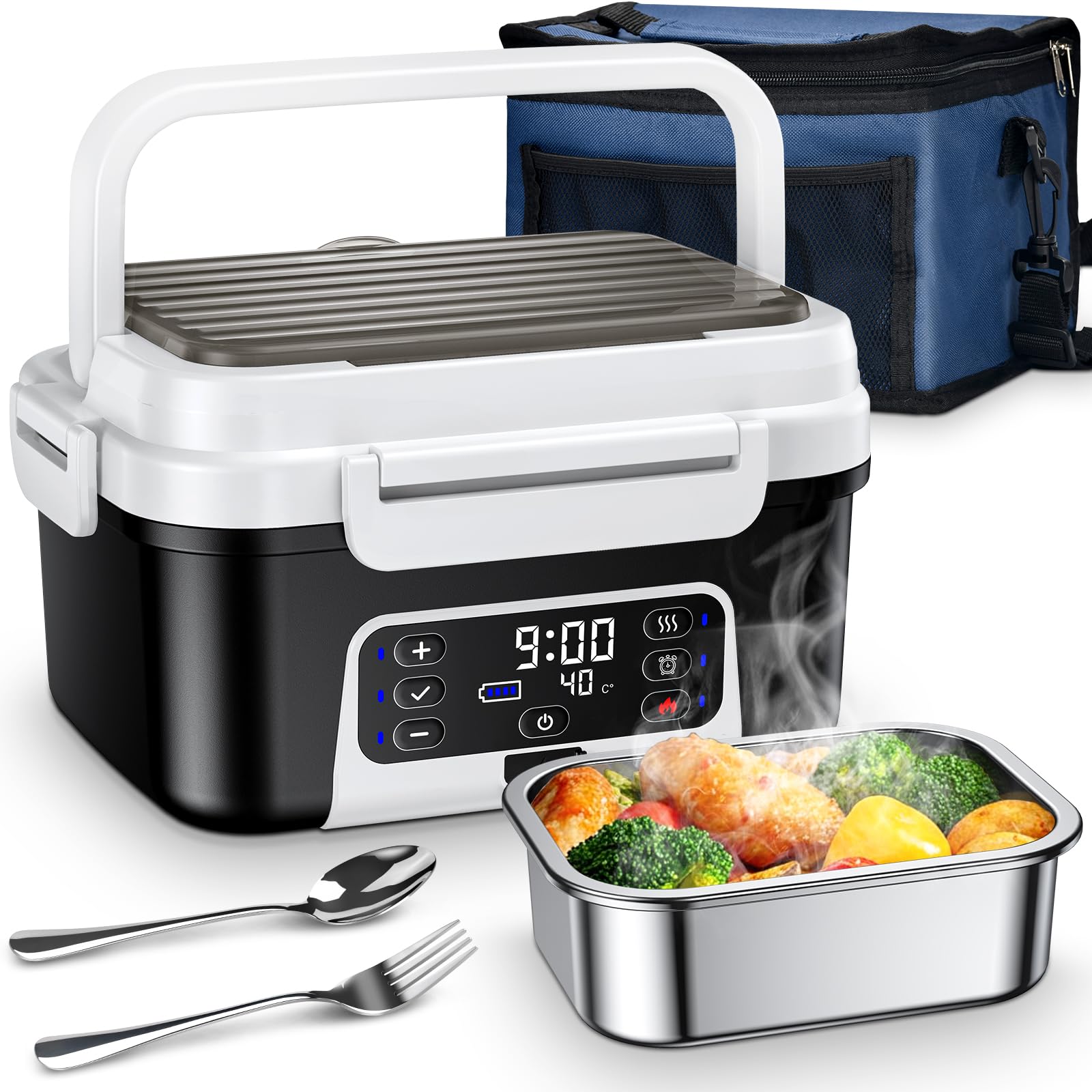 Scaldavivande Elettrico Portatile, 1.5L Porta Pranzo Riscaldabile con Timer, Per Ufficio, Cantiere, Viaggio, Auto, Scaldavivande a Batteria Ricaricabile | Heated Lunch Box