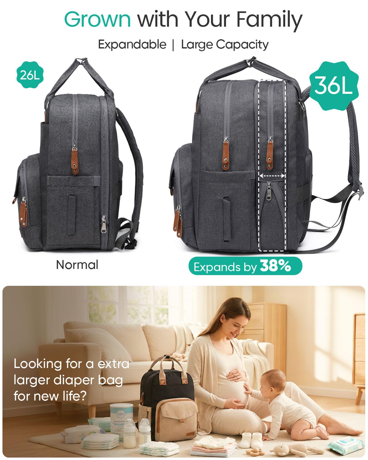 Qualyphant Großer Diaper Bag Backpack - 23 Taschen, Erweitbar, 31 Liter, Grau, Einfarbig, Polyester, Minimalistisch, Rucksack