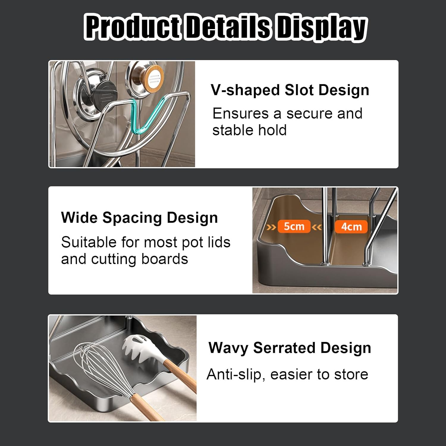 Kitchen Pot Lid Storage Rack, Pot and Pan Organizer with Removable Drip Tray, Two-Compartment Spatula Holder Pot Lid Holder for Counter Stove Top Kitchen - Image 5