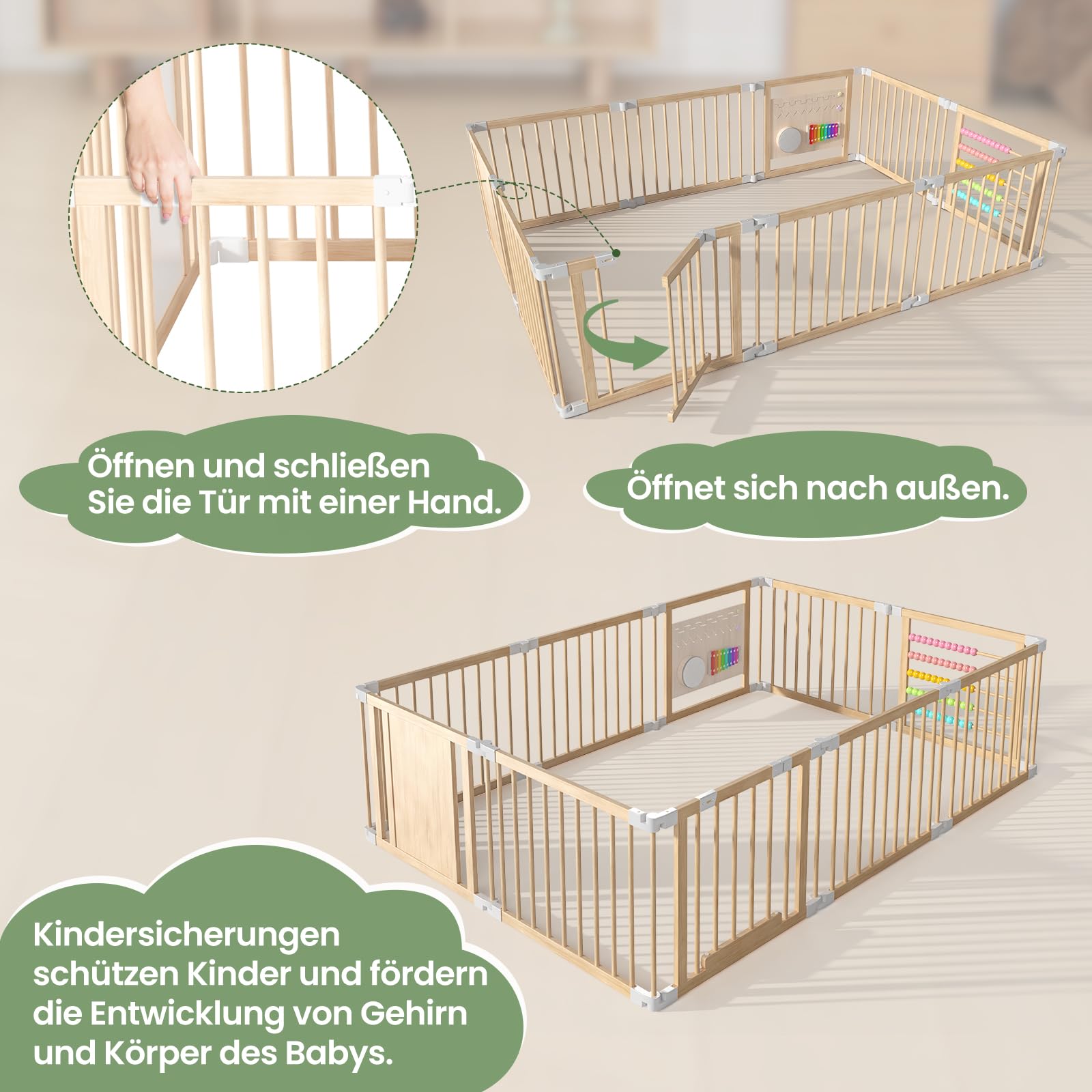 240x160x61cm Baby Laufgitter klappbar Laufstall Holz Kinder Activity Center mit Tür, musikalischem Spielzeug Krabbelgitter Verformbar Absperrgitter für Kinder (10 Paneele)