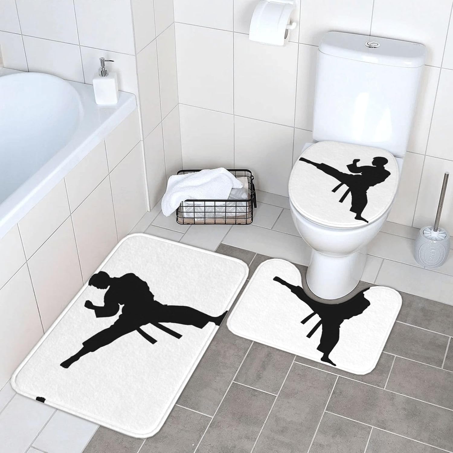 Taekwondo Martial Arts Print 3pc Bathroom Rug Set, Soft Flannel, Non-Slip, Absorbent Bath Mat, Contour & Lid Cover, Hand Wash