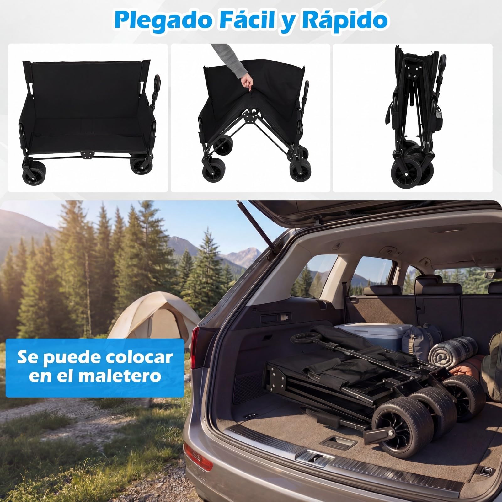 COSTWAY 2 en 1 Banco y Carro Plegable con Ruedas Grandes, Carro Playa, Jardín con Asa Ajustable, Cojines y Ruedas, para Transporte, Camping, Playa y Compras, Carga 80kg, 96x59x75-106 cm (Negro)