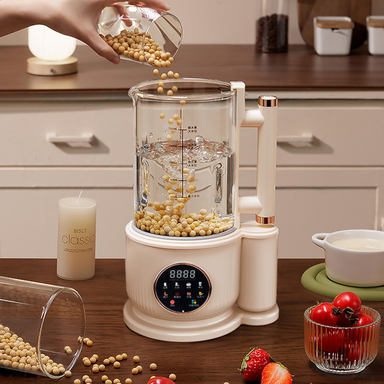 Sojamilchbereiter, 1,5 L Nussmilchbereiter mit 12 Edelstahlklingen, Verzögerungsstart, Kochen, Warmhalten, Automatische Reinigung, Mixer für Mandeln, Hafer, Kokosnuss (EU-Stecker 220 V)