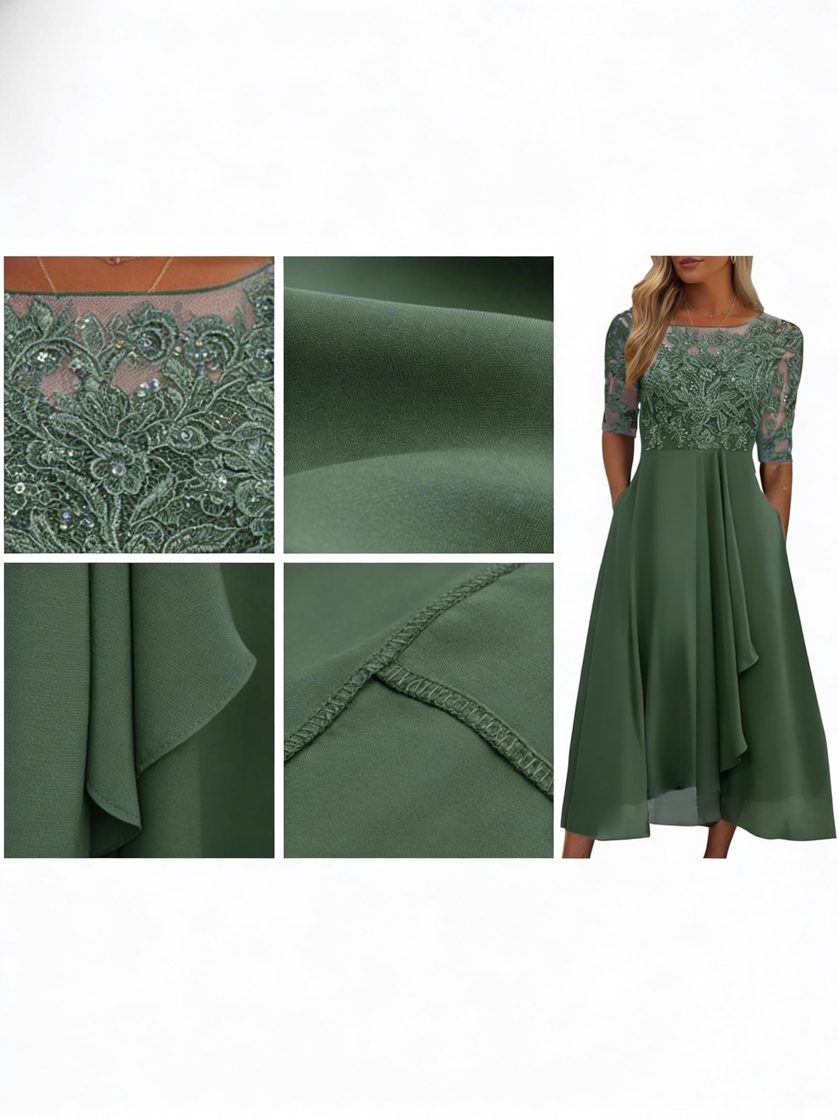 Generale Abito Midi Pizzo Chiffon Donna, Maniche 1/2 Tinta Unita Formale Cocktail, Elegante Abito Ospite Matrimonio Sera
