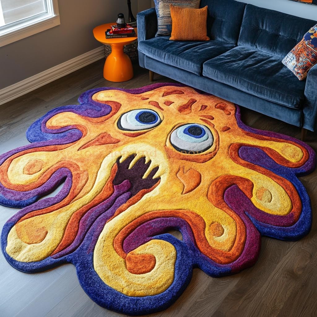 Handmade Monster-Inspired Wool Area Rug – Unique Irregular Shape Cartoon Creature Carpet – Soft & Thick Plush Abstract Accent Rugs for Living Room, Bedroom or Kids' Room (Multi A, 5' x 5')