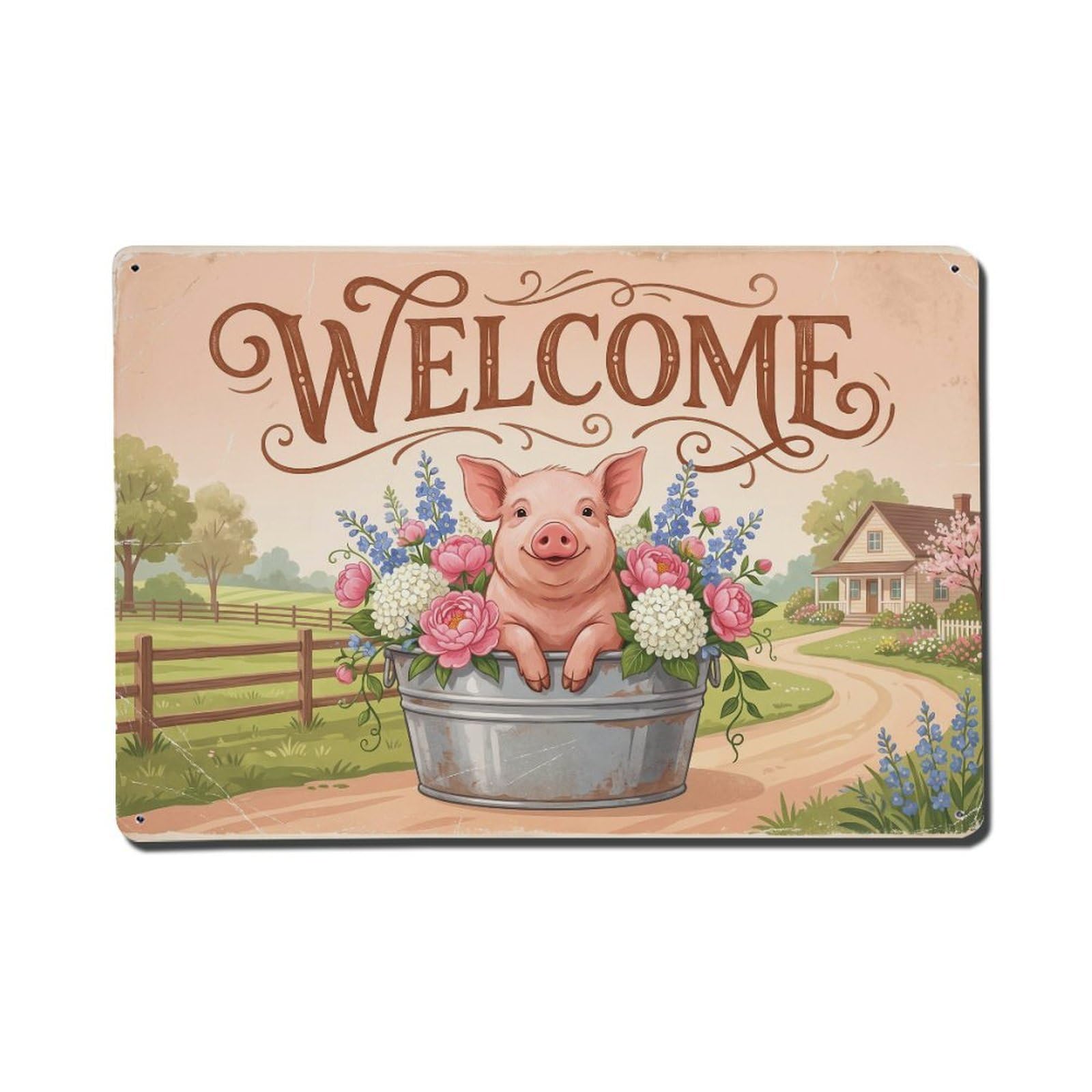 Vintage Welcome Pig Fresh Blooms Metal Tin Sign
