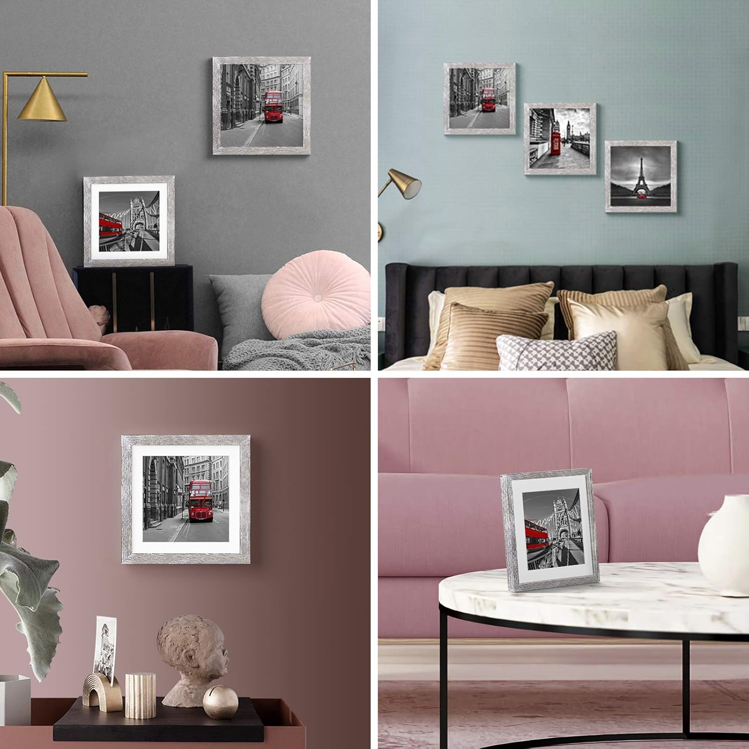 8x8 Rustic Picture Frames Made of Solid Wood with 2 Mats Display Pictures 6x6 or 4x4 with Mat or 8x8 Without Mat - 8x8 Inch Square Photo Frames Collage or Wall or Tabletop Mount, Set of 4