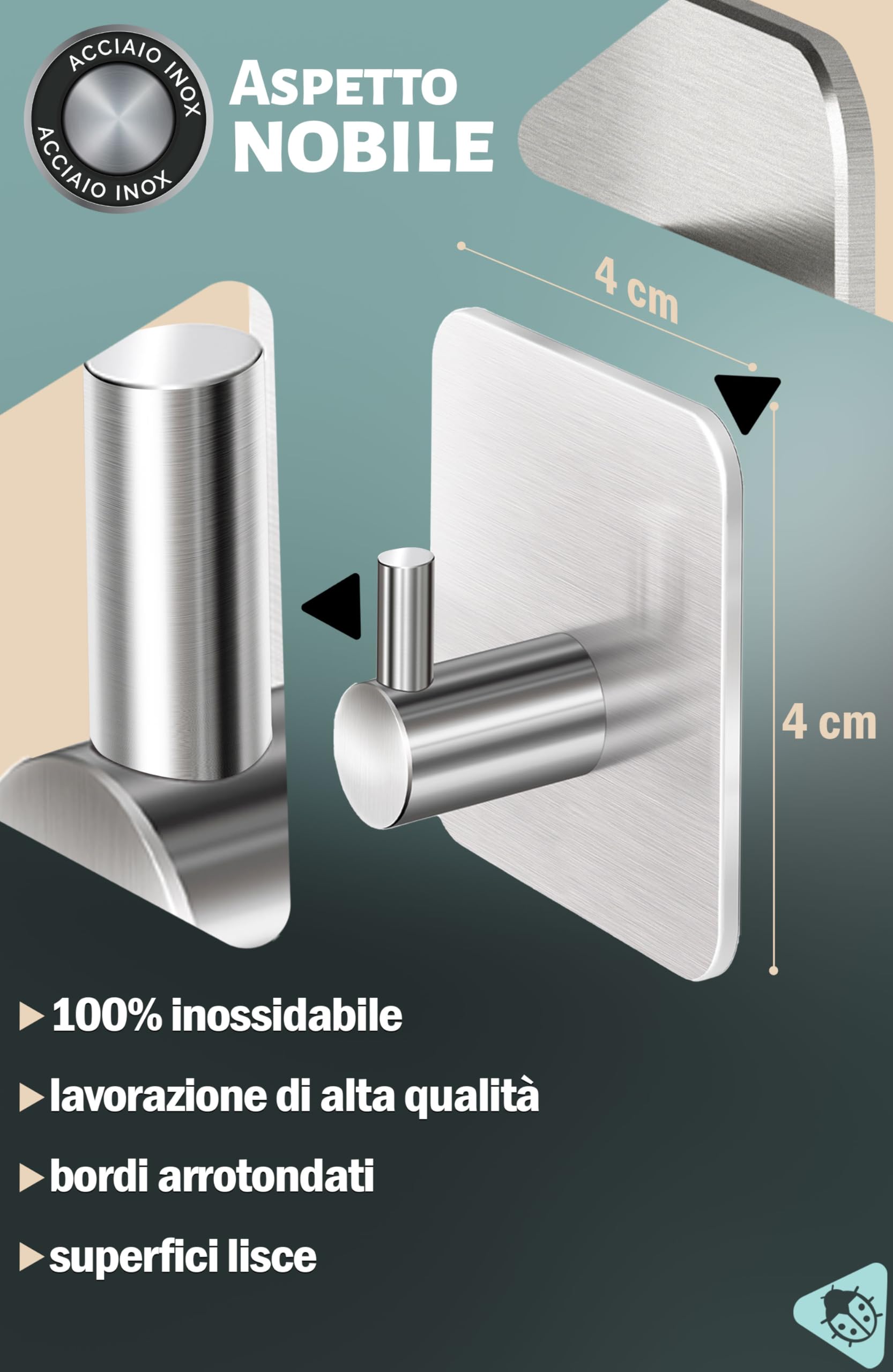 Menz Ganci Adesivi Bagno Set di 4 Adesivi Acciaio Inox di Alta