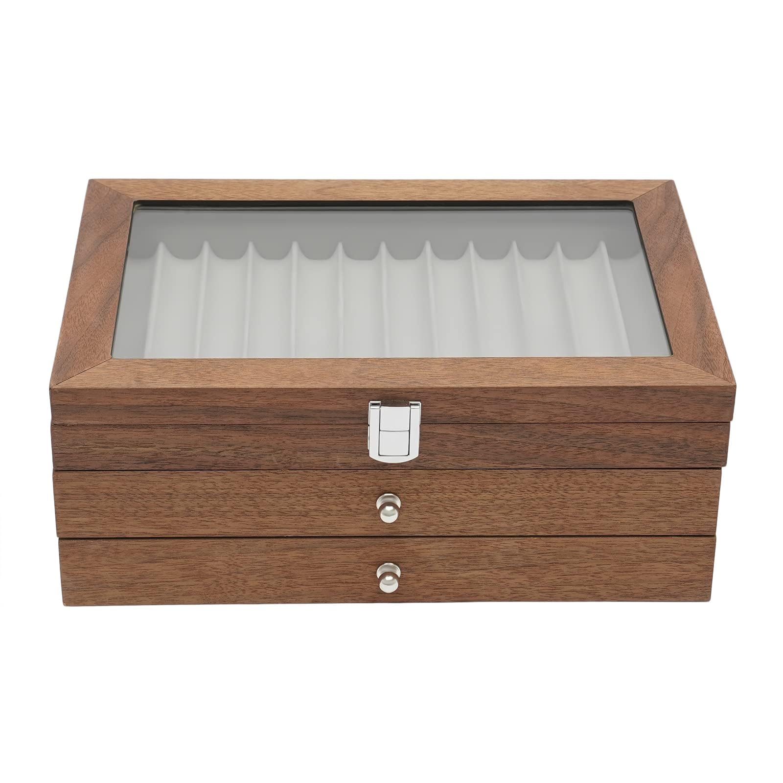 COYEUX Vitrina de Madera para Pluma estilográfica, 34 Ranuras, Caja de Almacenamiento de Pluma Retro de 3 Niveles, con Tapa Superior Transparente y cajón, para Tienda o hogar