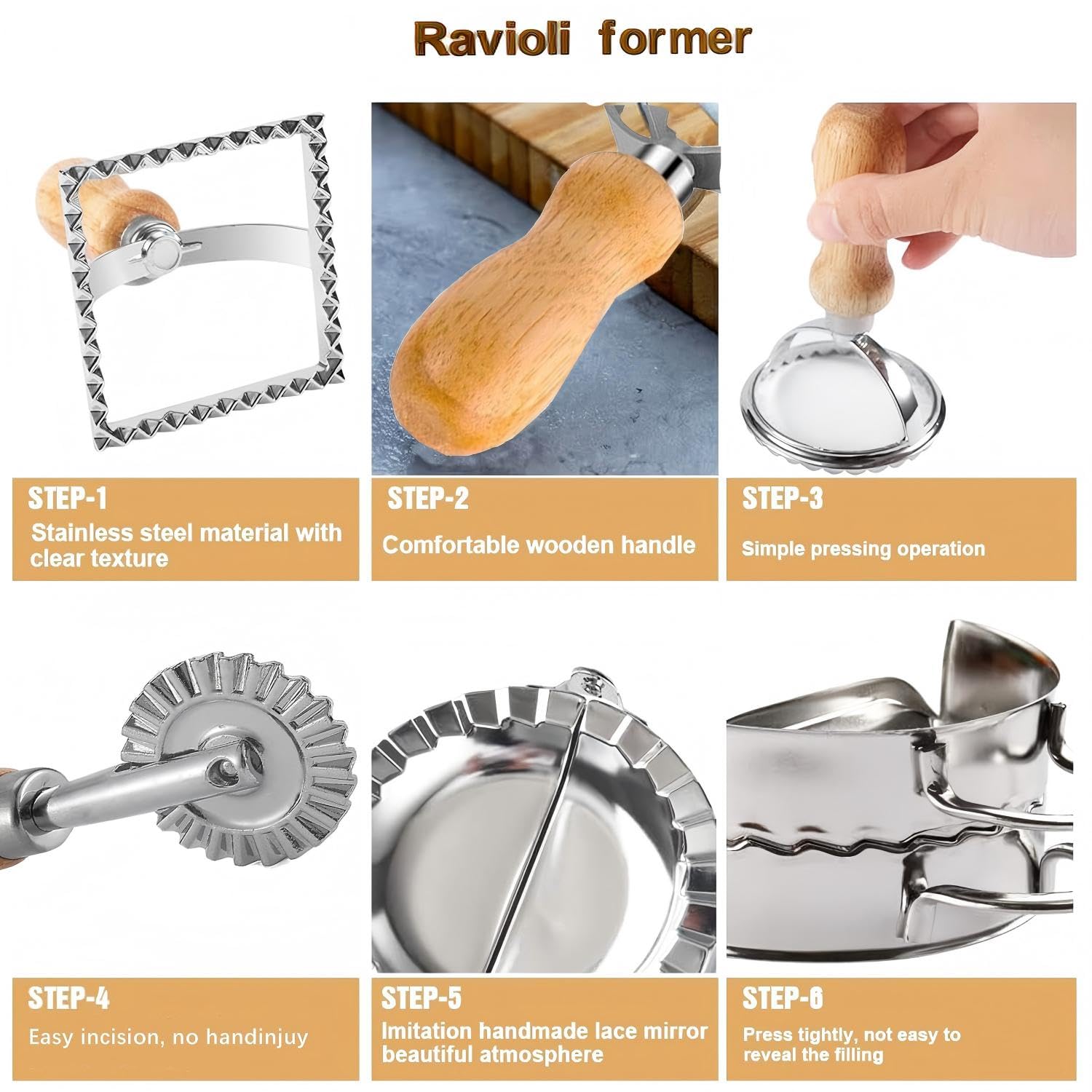 Raviolimesser-Set (6er-Set) Mit Knödelformer Aus Edelstahl Und Teigrad. Aus Hochwertigem Eichenholz Und Edelstahl. Ideal Für Ravioli,Polnische Knödel,Nudeln Und Mehr