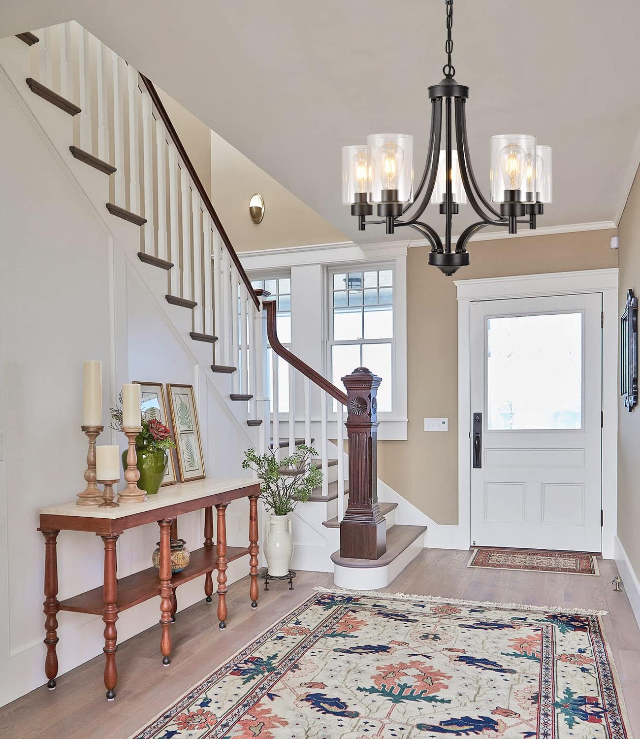 BOZO Contemporary Black Chandelier 5 Lights Farmhouse Dining Room Lighting Fixtures Hanging Bedroom Chandeliers with Clear Glass Shade Ceiling Pendant Light Black Foyer Light