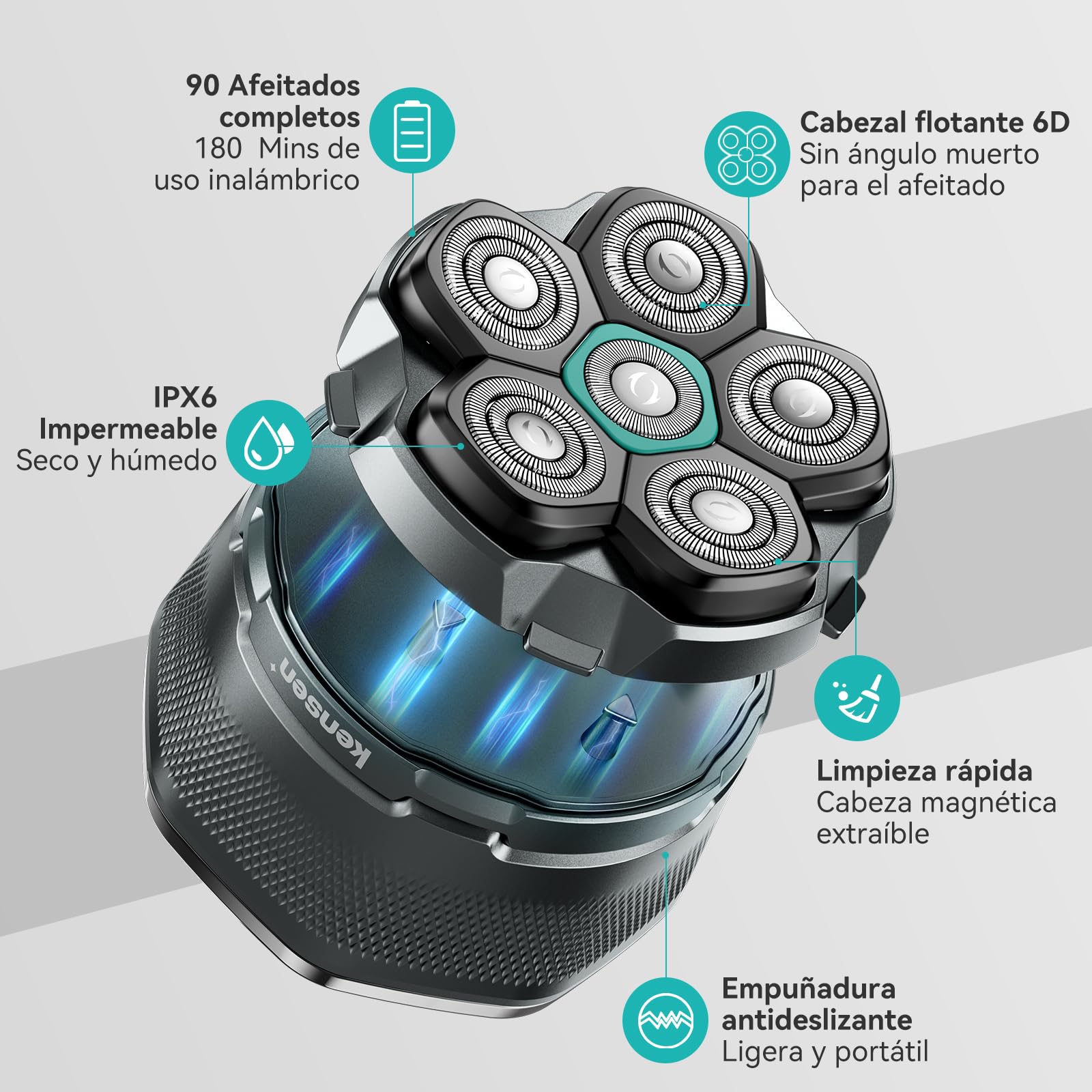 kensen Kit Afeitadora Cabeza Hombre, Maquina Afeitar Cabeza con Cabezal de Repuesto, 6D Cabezales Afeitadora para Calvos, Uso en Seco y Húmedo, Pantalla LED, 180 mins Uso, IPX6 Impermeable