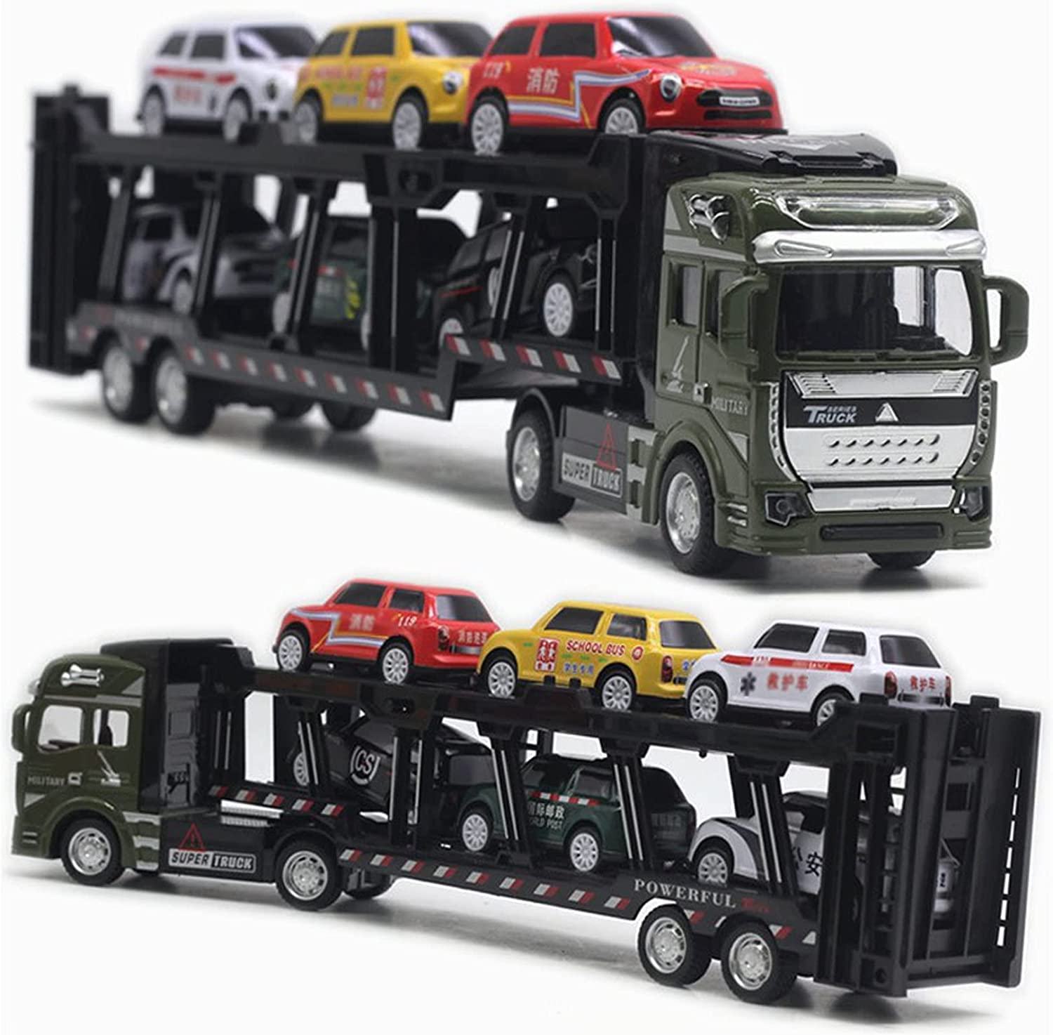 WangXLDD Transportador de Coches de aleación de Doble Capa Plano Grande Tractor camión de Juguete para niños Portador de Coche Modelo niño Regalo de cumpleaños (con 6 Coches extraíbles) (Green)