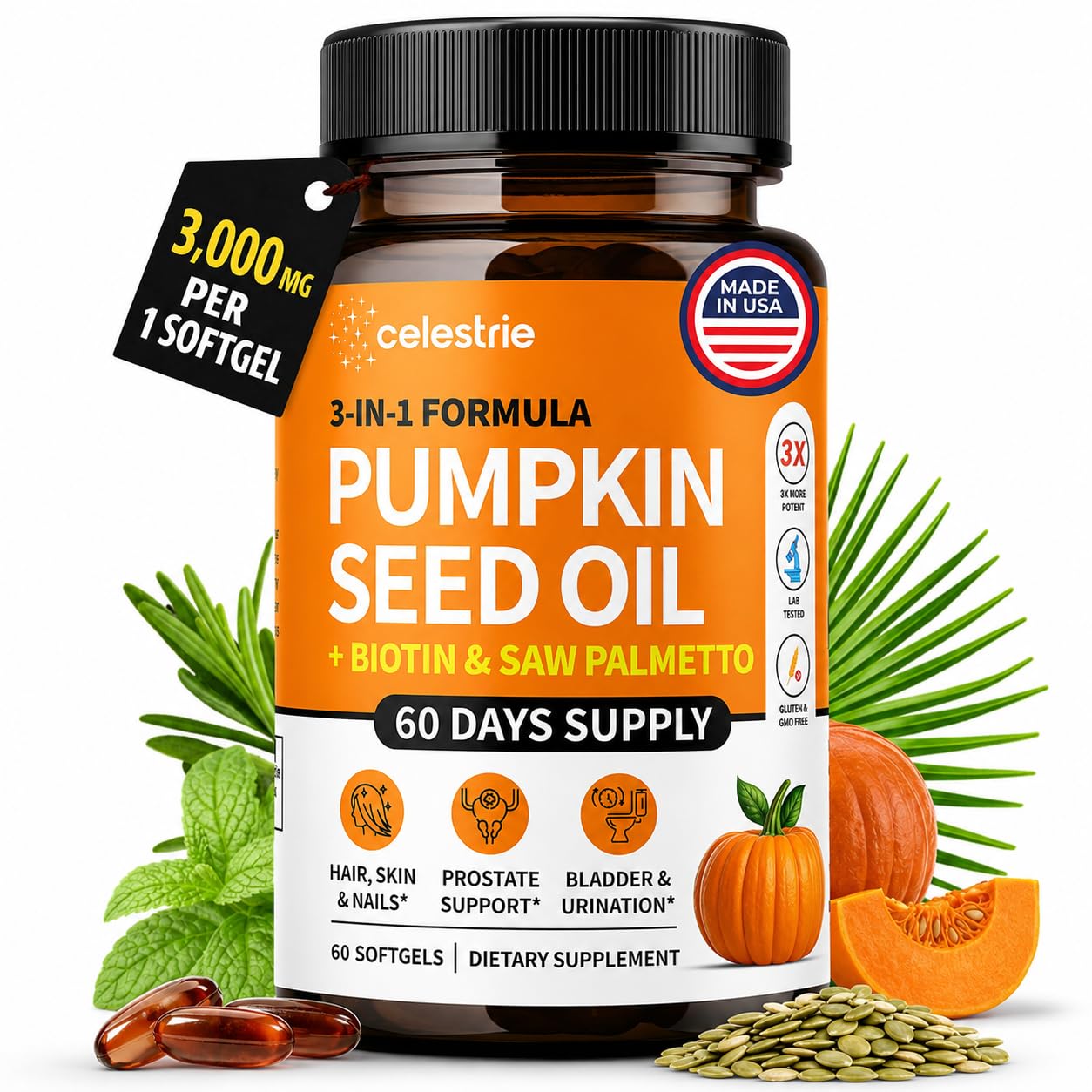 3-in-1 Pumpkin Seed Oil with Saw Palmetto Capsules (3000mg/softgel) + Biotin for Hair Growth, Radiant Skin, Prostate, Bladder, Immune & Urinary Support, Essential Fatty Acids & Vitamins, 60 Day Supply