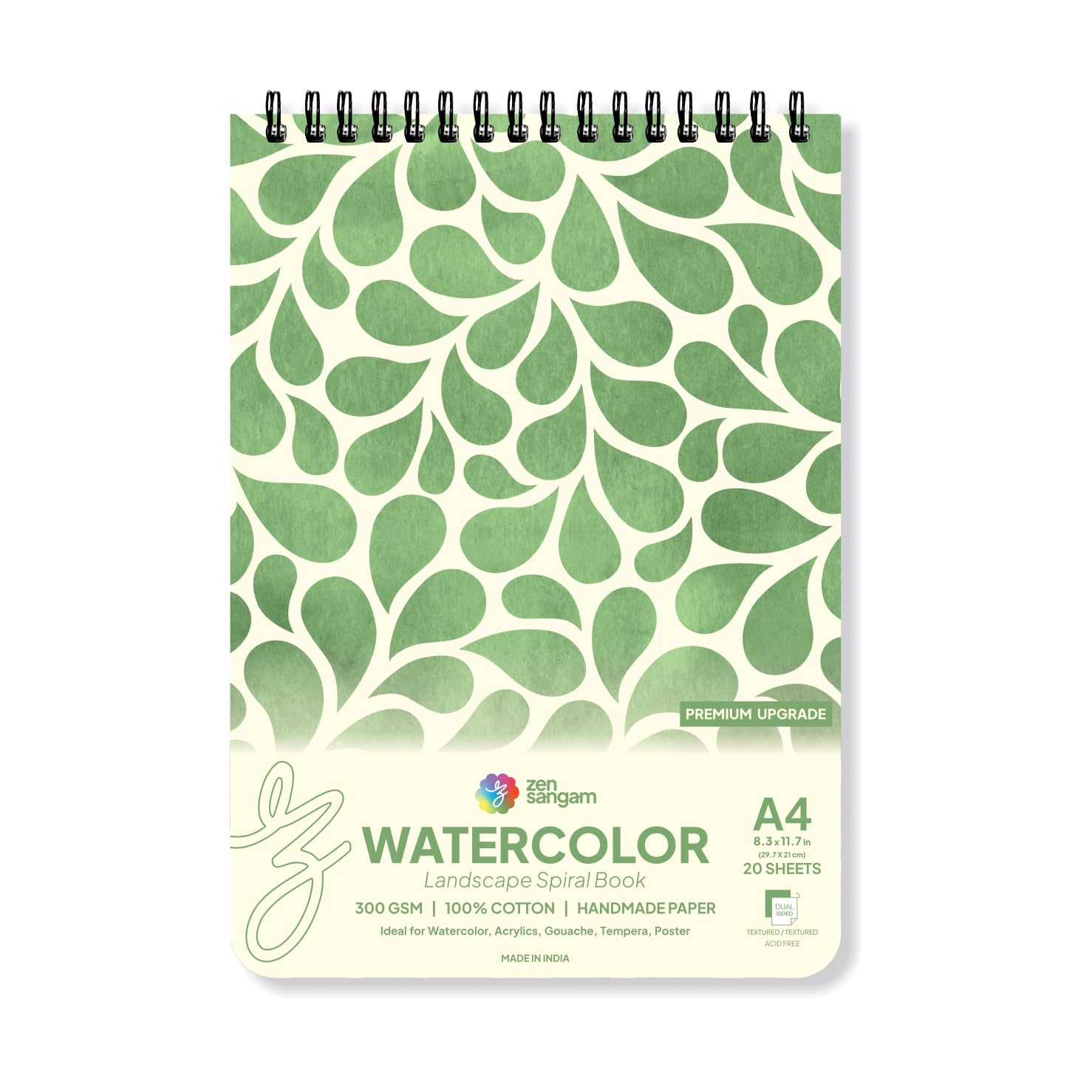 Zen Sangam Watercolor Book - Spiral Landscape - 300 GSM Cold Pressed - A4 Size (29.7 x 21 cm) - 20 Sheets(40 Pages) for Beginners and Self Taught Artists - Premium