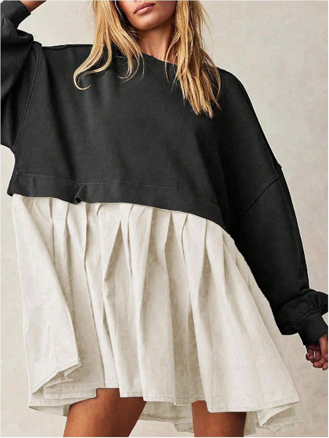 SOLY HUX Women's Color Block Dress Crew Neck Long Sleeve Pleated Babydoll Flowy Loose Fall Short Dresses - Image 3