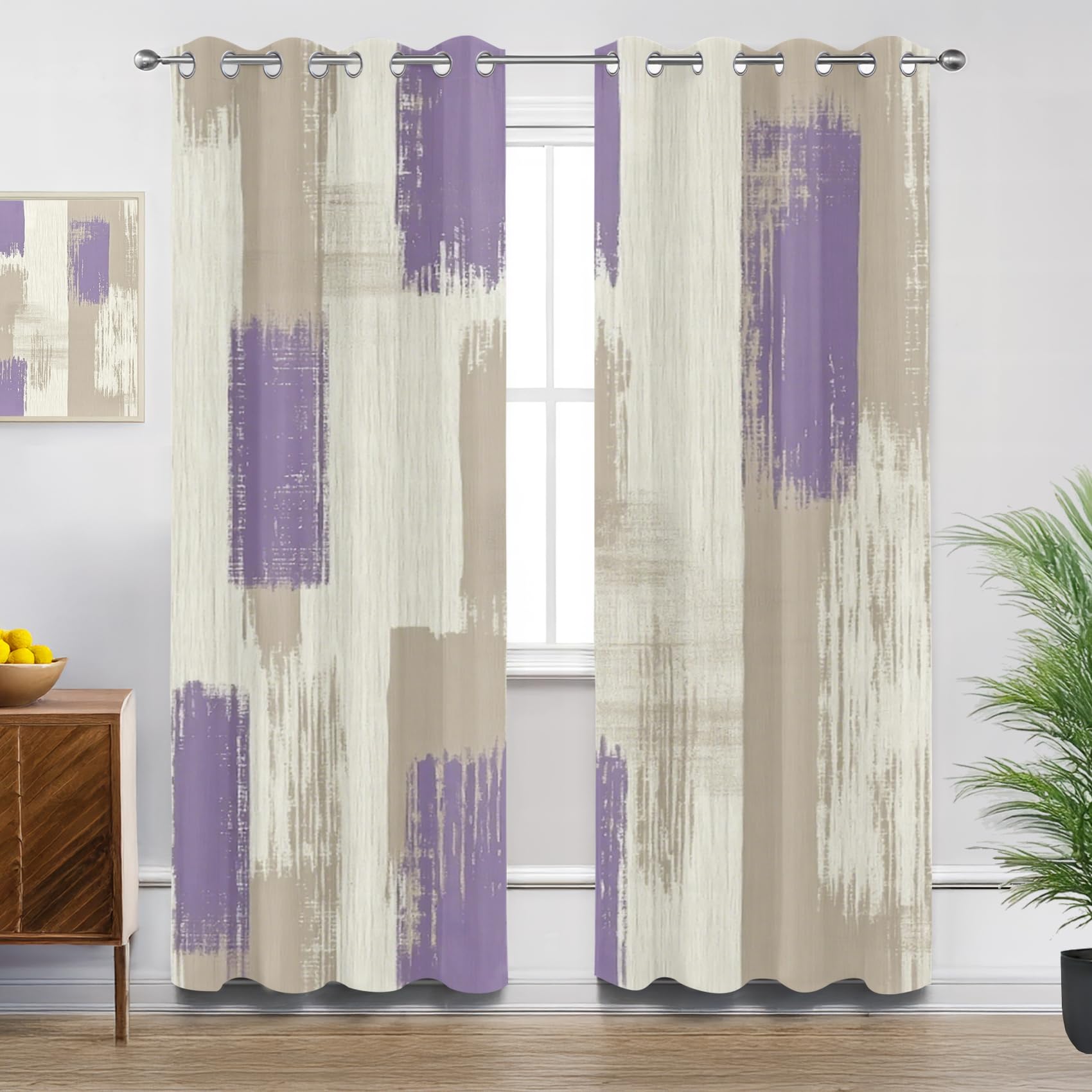 Mistela Modern Curtains - Taupe and Purple Stripe Abstract Brush Stroke Bedroom Curtain Eyelet Blackout Thermal Insulated, Small Window Curtains for Living Room, W46 X D72, 2 Panels Drapes Home Decor