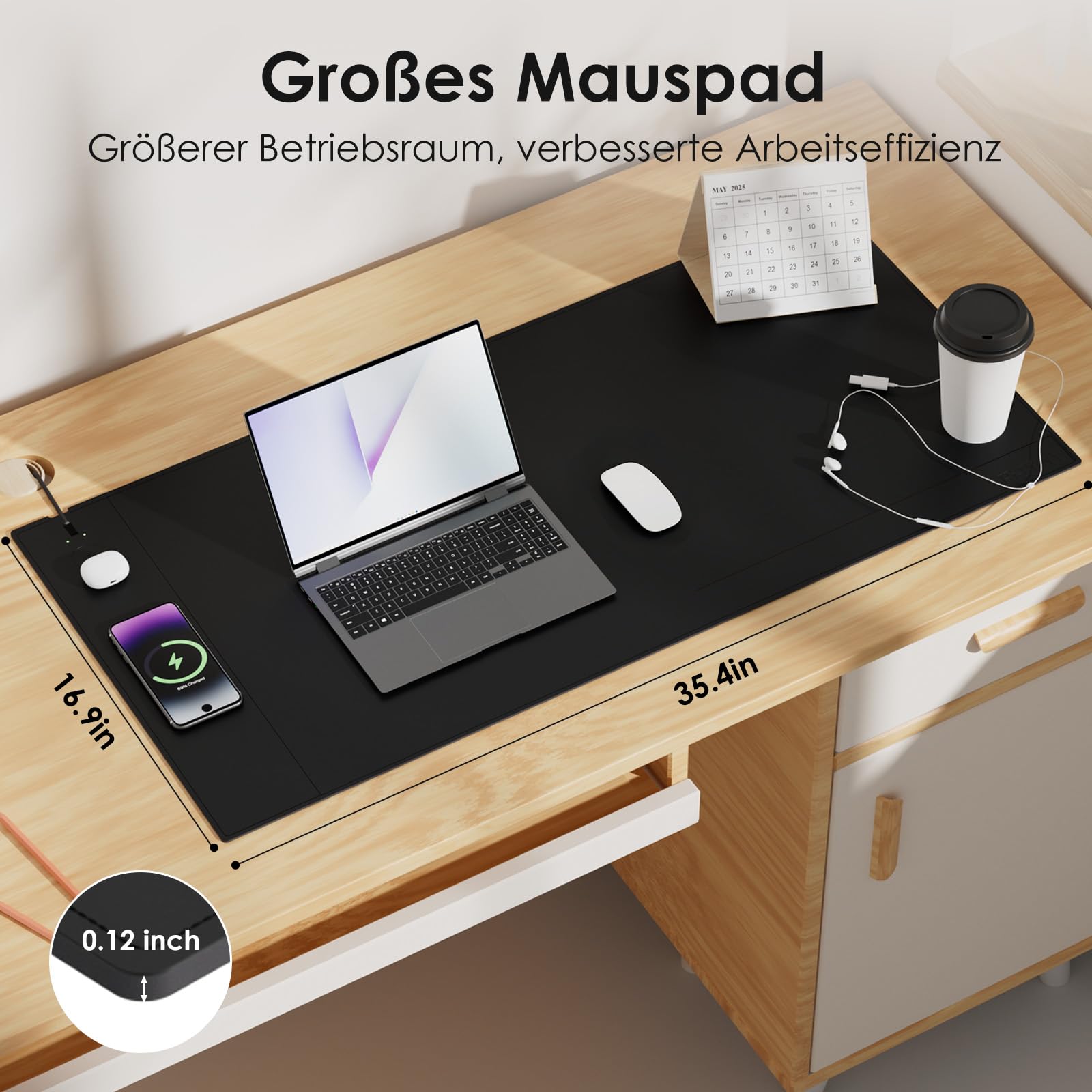 Schreibtischunterlage, 15W kabelloses Qi-Lade-Mauspad, 90x43cm | 15W Smartphone-Ladepad, 90x43 cm, Schwarz, 3mm Mikrofaser, wasserabweisend, kratzfest, Magnetischer Halt