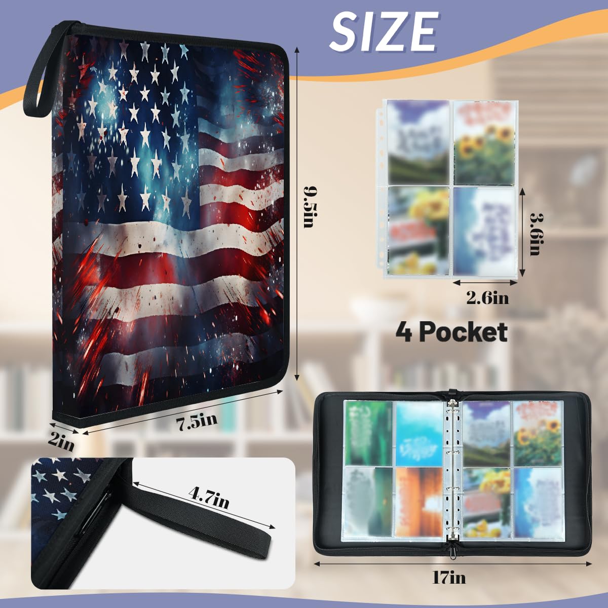 Raccoglitore per carte collezionabili con 4 tasche per il 4 luglio, vintage, con bandiera americana, raccoglitore per carte con maniche rimovibili, impermeabile, con cerniera, 50 pagine, capacità 400
