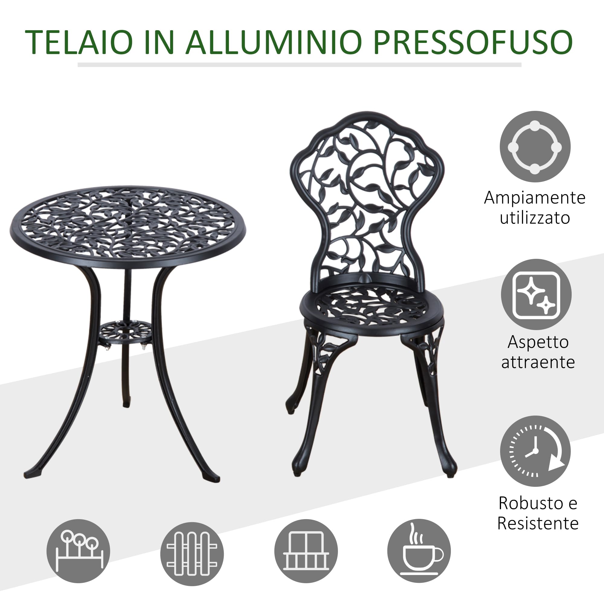Outsunny Set Bistrò 3 Pezzi con 2 Sedie da Giardino e Tavolino Rotondo, Set Tavolo e Sedie da Giardino in Alluminio, per Patio, Cortile, Esterno, Nero