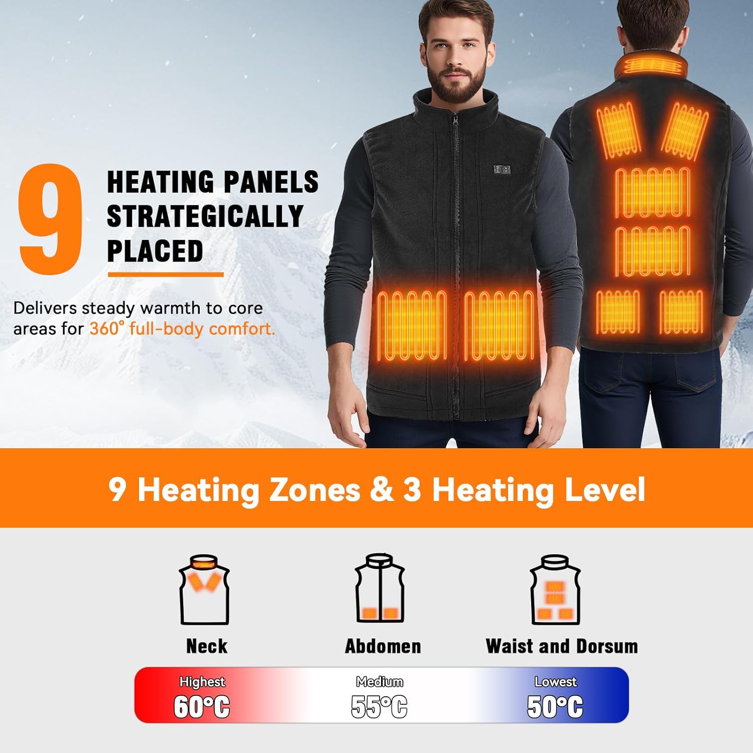 Heated Vest for Men, Fleece with Battery 16000mAh 7.4V Heated Vest, 9 Heating Zones Warming Vests for Cycling Skating - Image 2