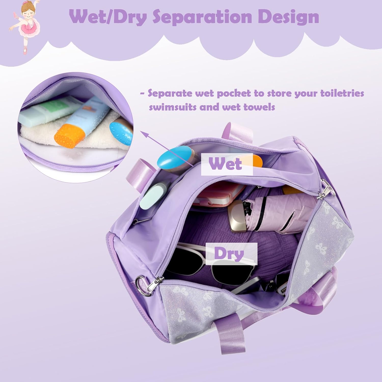 Dance Bag for Little Girls, Purple Soft Plush with Plush Pendant Ballet Gymnastics Sport Overnight Travel Sleepover Bags with Wet and Dry for Girls